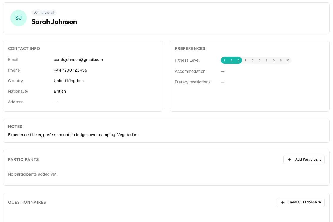 Client profile with contact info, preferences, and linked trips